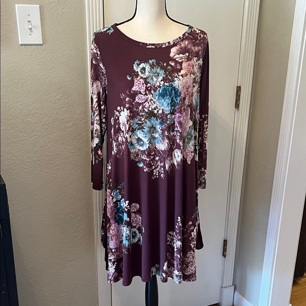 BELLAMIE Floral Burgundy Dress with 3/4 Sleeves